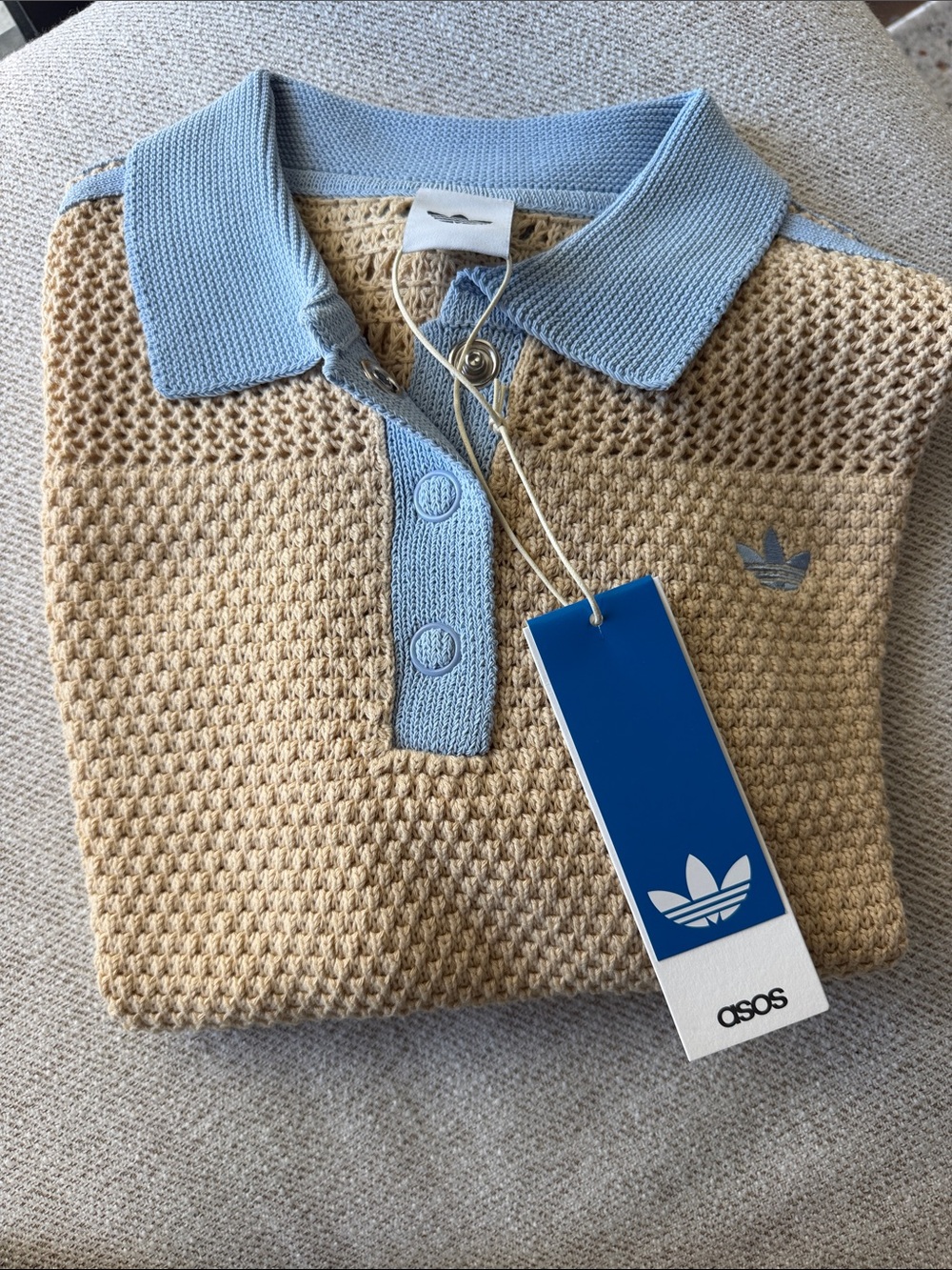 Adidas Originals x ASOS Beige Knit Polo Sweater with Light Blue - Picture 4 of 4